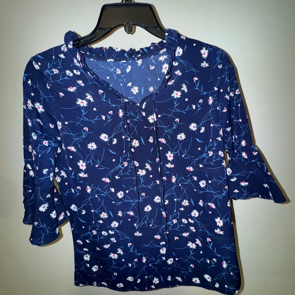 Dark Blue Floral Tie Front Blouse
